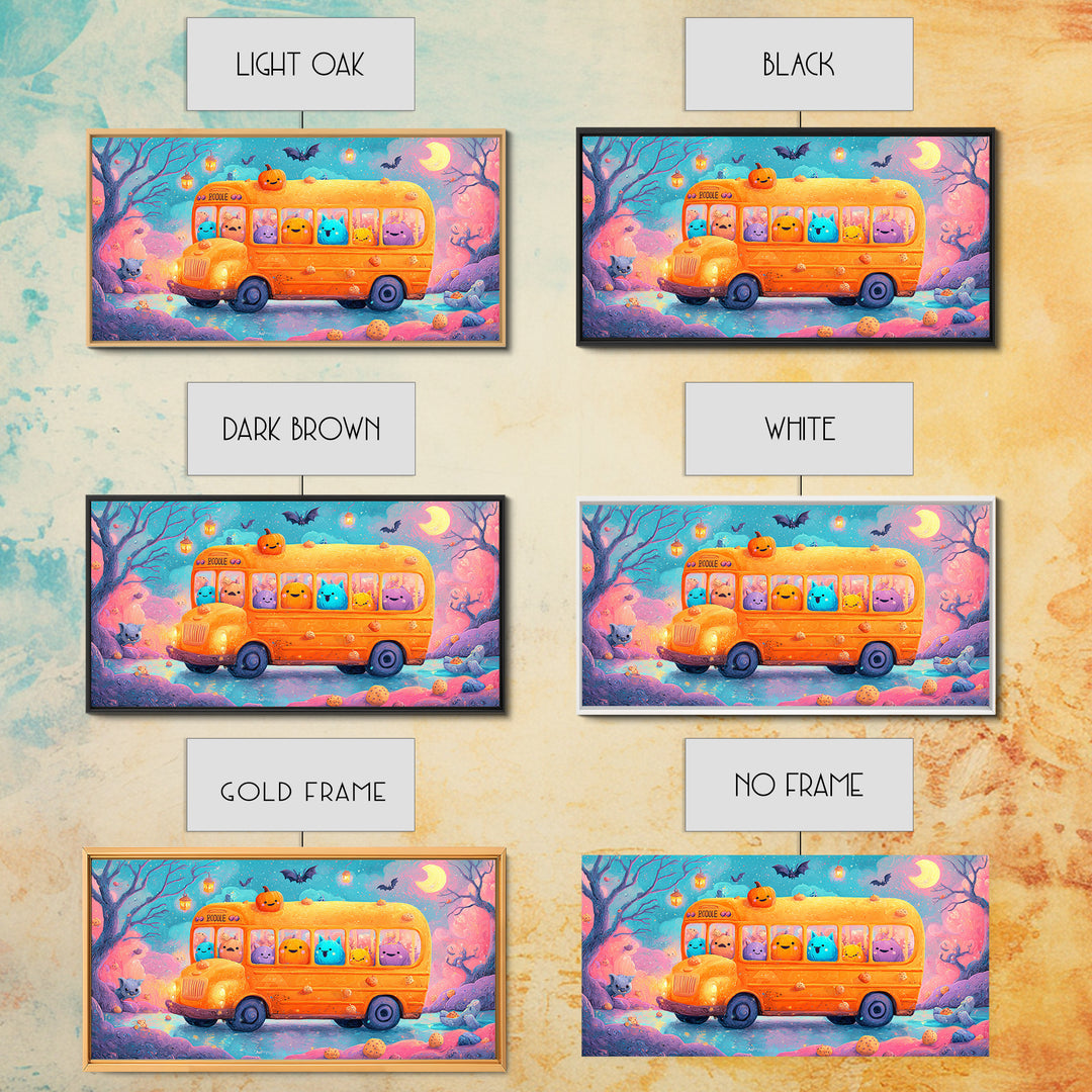 The Pumpkin School Bus, 80s Halloween Wall Art, Wide Panoramic Art, Canvas Print, Retro Halloween Decor, Neon Wall Art, Statement Wall Art