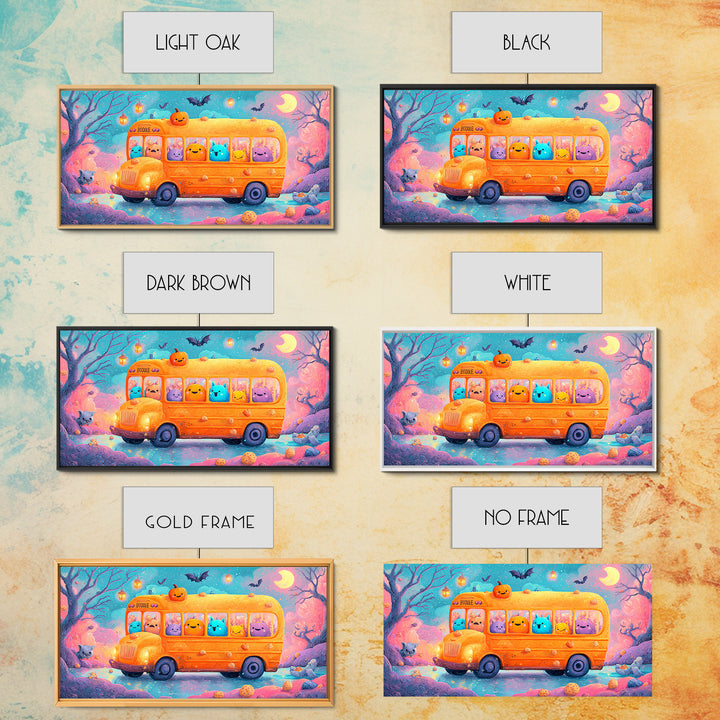 The Pumpkin School Bus, 80s Halloween Wall Art, Wide Panoramic Art, Canvas Print, Retro Halloween Decor, Neon Wall Art, Statement Wall Art