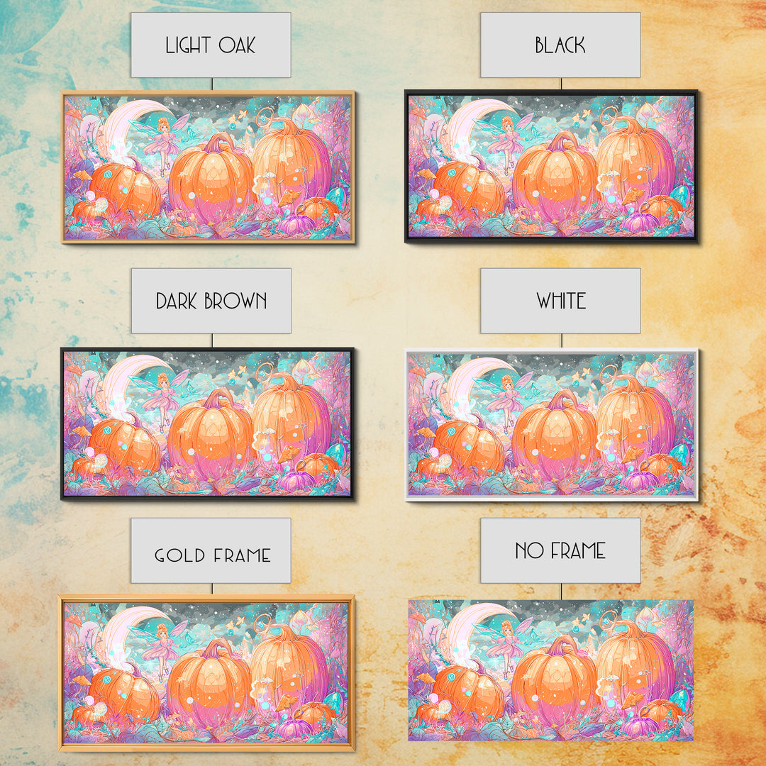 The Pumpkin Fairy Garden, Vaporwave Halloween Decor, Wide Panoramic Art, Canvas Print, Retro Halloween Decor, Neon Wall Art