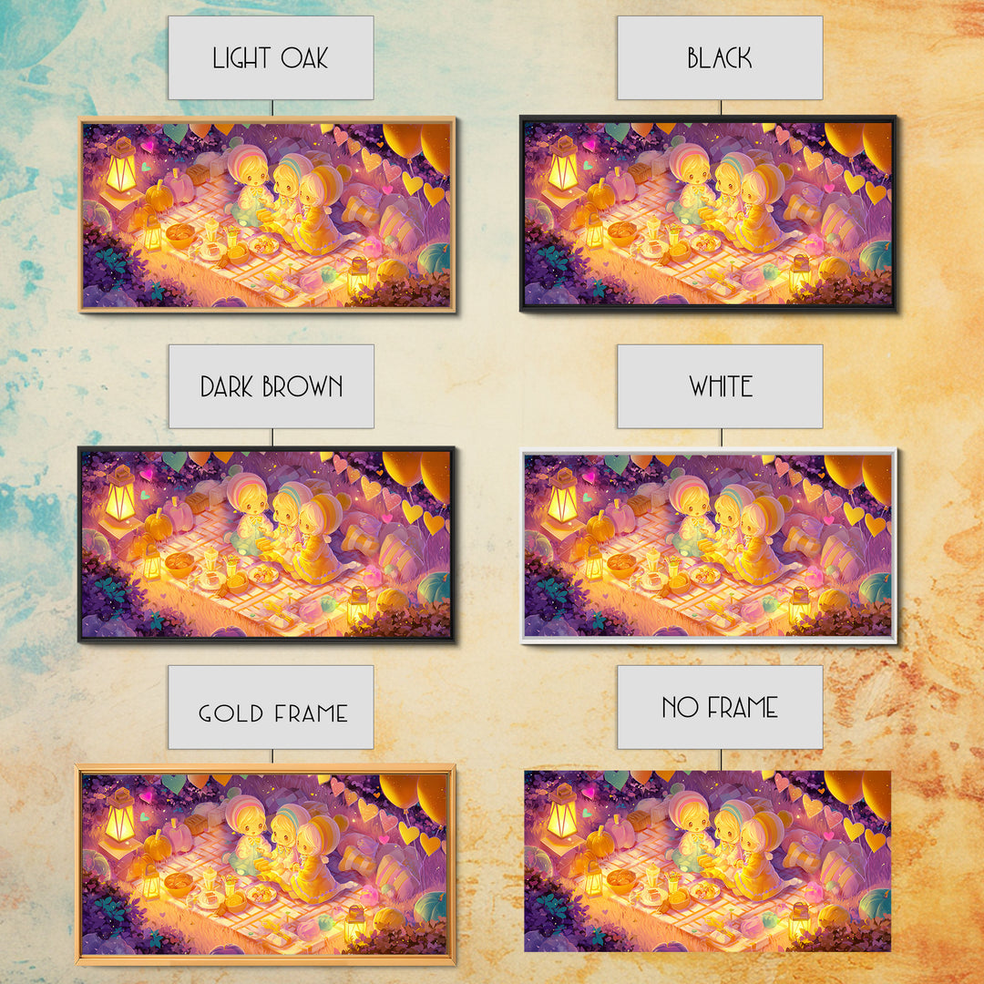 The Candy Corn Picnic, Synthwave Halloween Art, Wide Panoramic Art, Framed Canvas Print, Retro Halloween Decor, Neon Wall Art
