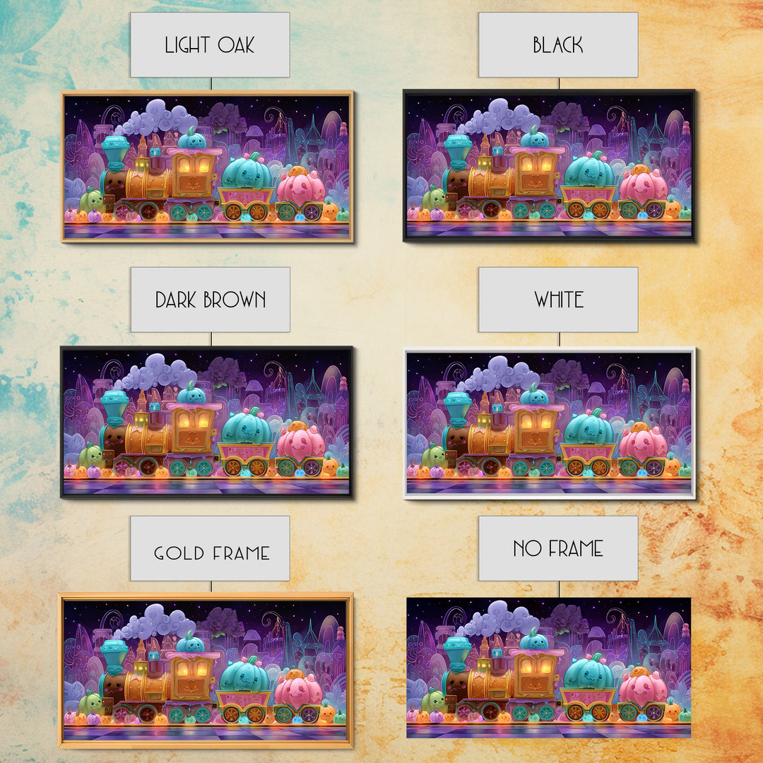 The Chocolate Pumpkin Train, 80s Halloween Wall Art, Wide Panoramic Art, Canvas Print, Retro Halloween Decor, Neon Wall Art