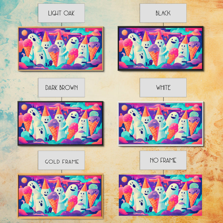 The Ice-Cream Ghost Parade, Vaporwave Halloween Decor, Wide Panoramic Art, Framed Canvas Print, Retro Halloween Decor, Neon Wall Art