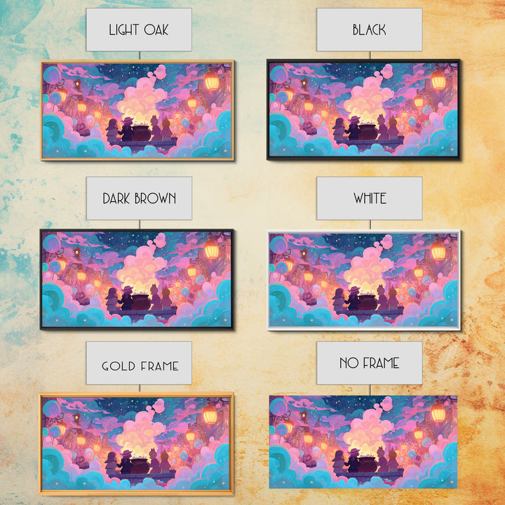 The Cotton-Candy Cauldron, Retro Neon Halloween Art, Wide Panoramic Art, Canvas Print, Retro Halloween Decor, Neon Wall Art
