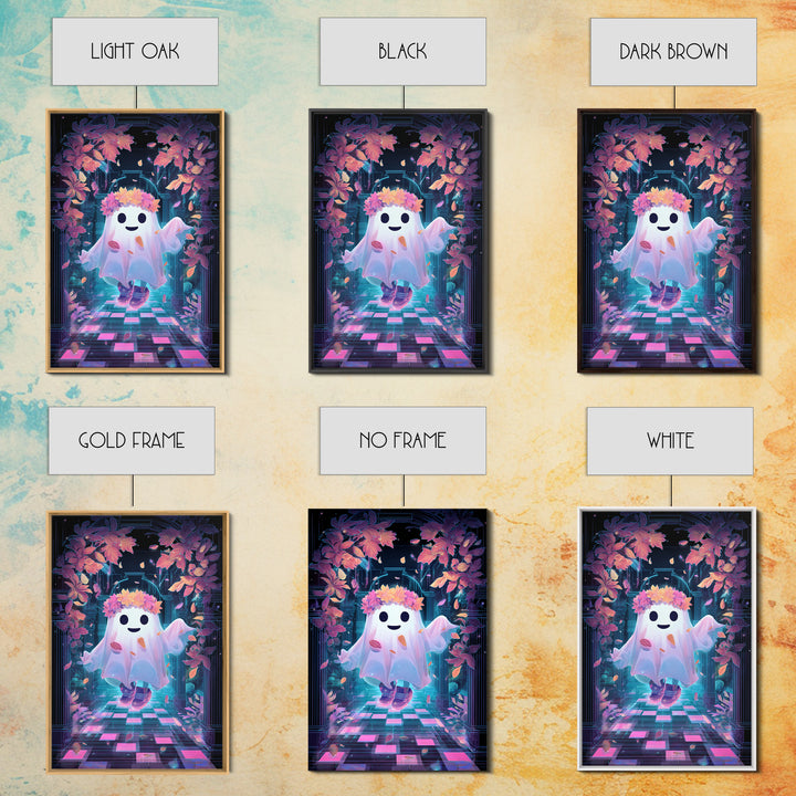 The Ghost With A Flower Crown, Retro Neon Halloween Art, Vertical Wall Art, Framed Canvas Print, Retro Halloween Decor, Neon Wall Art