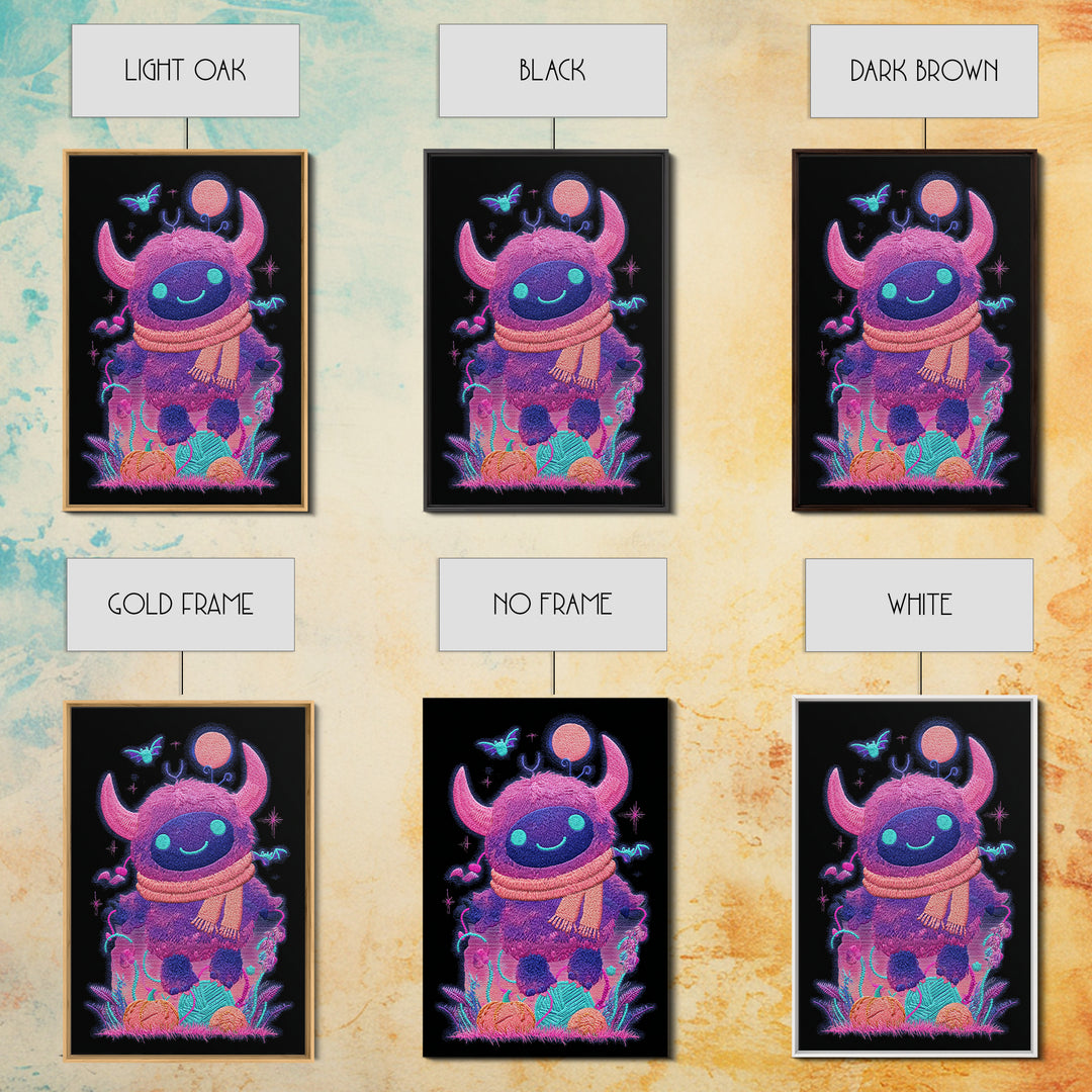 The Fuzzy Purple Monster, Synthwave Halloween Art, Vertical Wall Art, Canvas Print, Retro Halloween Decor, Neon Wall Art, Macabre Wall Art