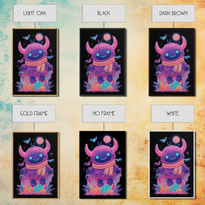 The Fuzzy Purple Monster, Synthwave Halloween Art, Vertical Wall Art, Canvas Print, Retro Halloween Decor, Neon Wall Art, Macabre Wall Art