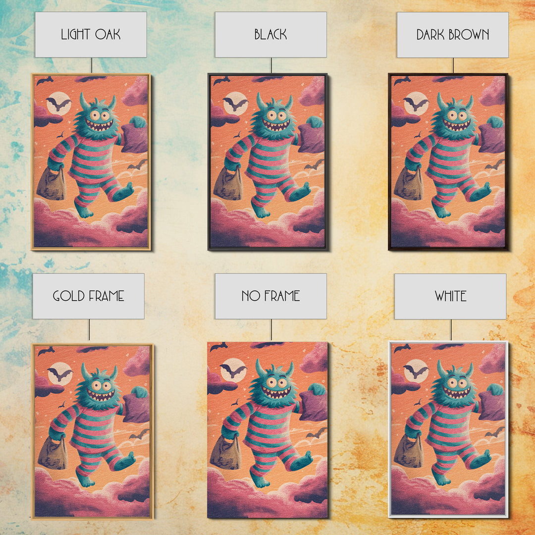 The Monster Pajama Parade, Synthwave Halloween Art, Vertical Wall Art, Framed Canvas Print, Retro Halloween Decor, Neon Wall Art