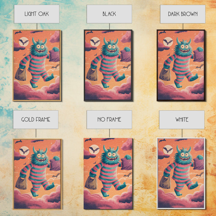 The Monster Pajama Parade, Synthwave Halloween Art, Vertical Wall Art, Framed Canvas Print, Retro Halloween Decor, Neon Wall Art