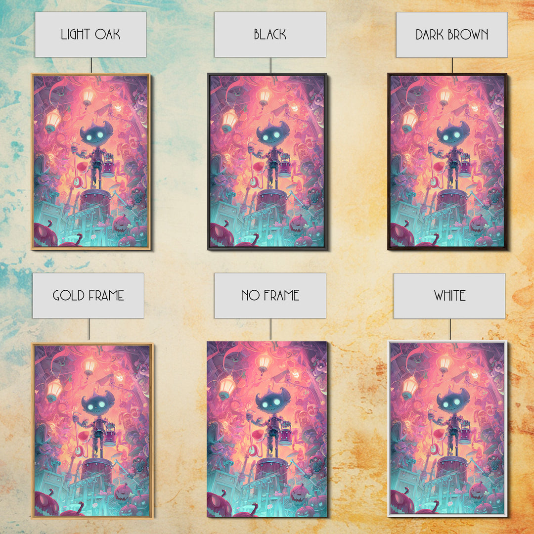 The Little Monster Orchestra, Synthwave Halloween Art, Vertical Wall Art, Canvas Print, Retro Halloween Decor, Neon Wall Art