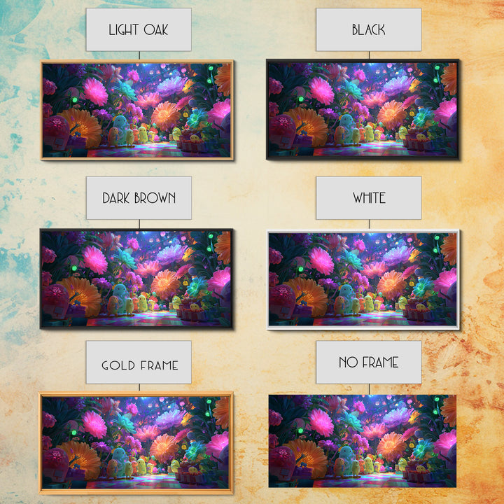 The Monster Flower Shop, Cute Spooky Neon Art, Wide Panoramic Art, Canvas Print, Retro Halloween Decor, Neon Wall Art, Macabre Wall Art