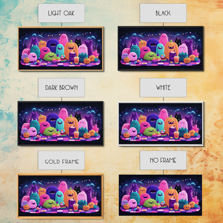 The Monster Friendship Picnic, Retro Neon Halloween Art, Wide Panoramic Art, Canvas Print, Retro Halloween Decor, Neon Wall Art