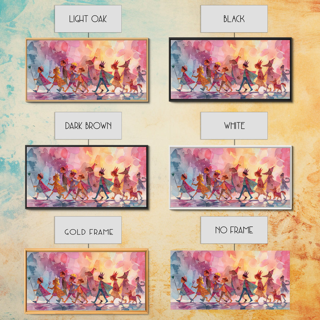 The Costume Parade, Retro Neon Halloween Art, Wide Panoramic Art, Canvas Print, Retro Halloween Decor, Neon Wall Art, Seasonal Home Decor