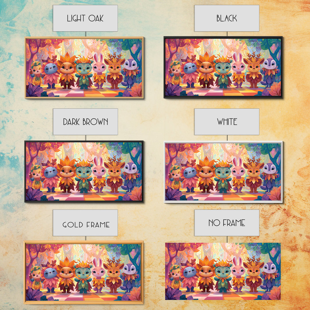 The Autumn Leaf Costume Contest, Cute Spooky Neon Art, Wide Panoramic Art, Canvas Print, Retro Halloween Decor, Neon Wall Art