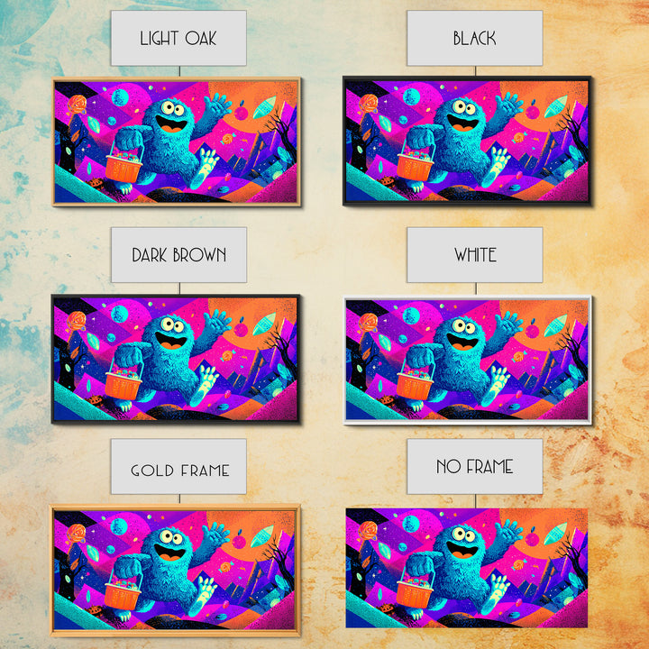 The Candy Bucket Relay Race, Cute Spooky Neon Art, Wide Panoramic Art, Canvas Print, Retro Halloween Decor, Neon Wall Art, Dark Fantasy Art