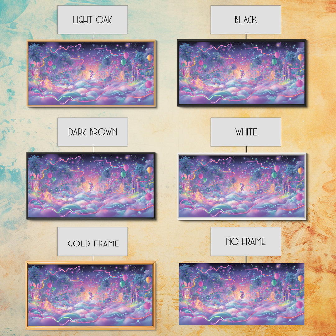 The Broomstick Obstacle Course, Vaporwave Halloween Decor, Wide Panoramic Art, Framed Canvas Print, Retro Halloween Decor, Neon Wall Art