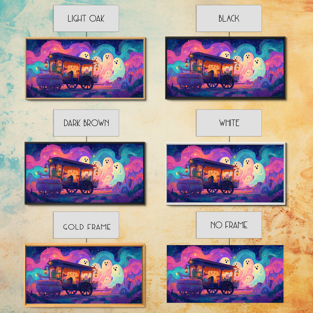 The Friendly Haunted Hayride, 80s Halloween Wall Art, Wide Panoramic Art, Canvas Print, Retro Halloween Decor, Neon Wall Art