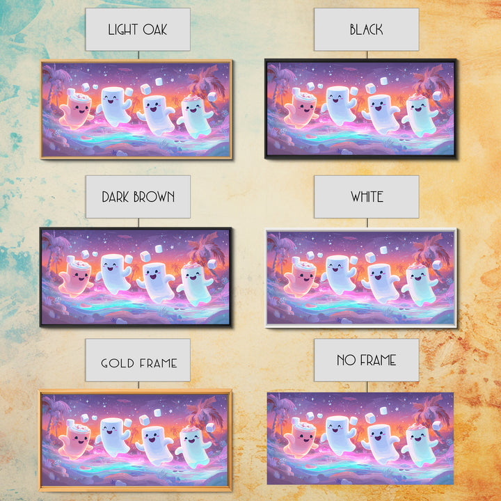 The Midnight Cocoa Party, Vaporwave Halloween Decor, Wide Panoramic Art, Framed Canvas Print, Retro Halloween Decor, Neon Wall Art