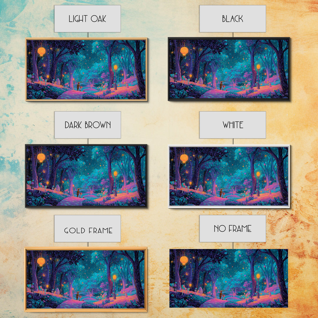 The Firefly Lantern Forest, Vaporwave Halloween Decor, Wide Panoramic Art, Framed Canvas Print, Retro Halloween Decor, Neon Wall Art