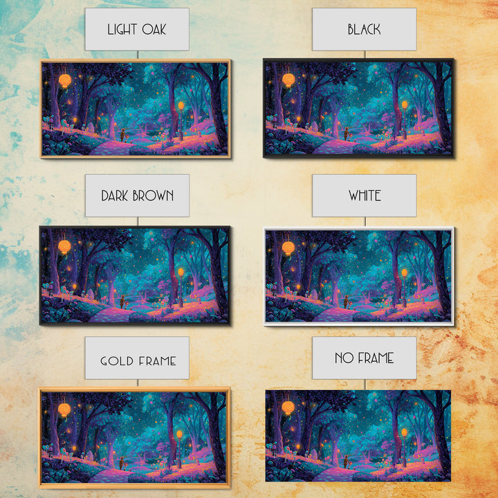 The Firefly Lantern Forest, Vaporwave Halloween Decor, Wide Panoramic Art, Framed Canvas Print, Retro Halloween Decor, Neon Wall Art