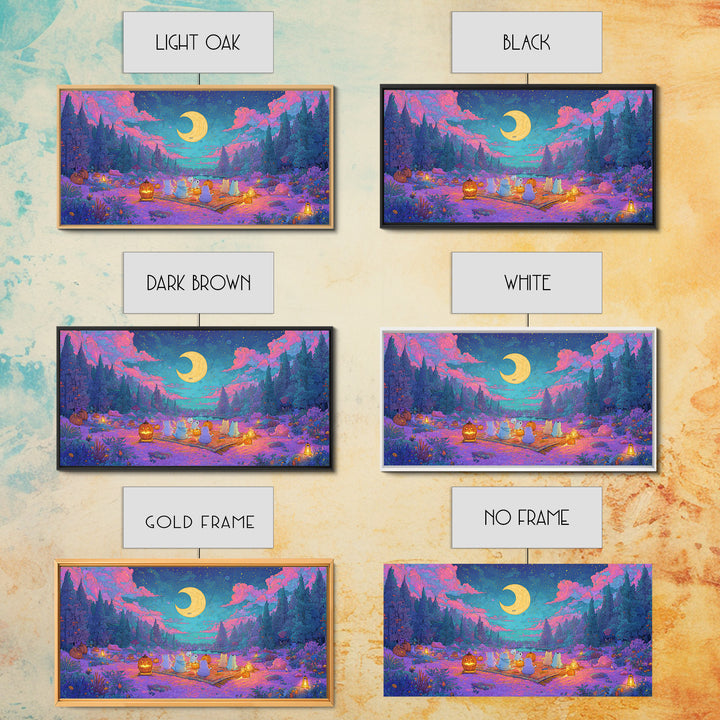The Smiling Moon Meadow, Vaporwave Halloween Decor, Wide Panoramic Art, Canvas Print, Retro Halloween Decor, Neon Wall Art