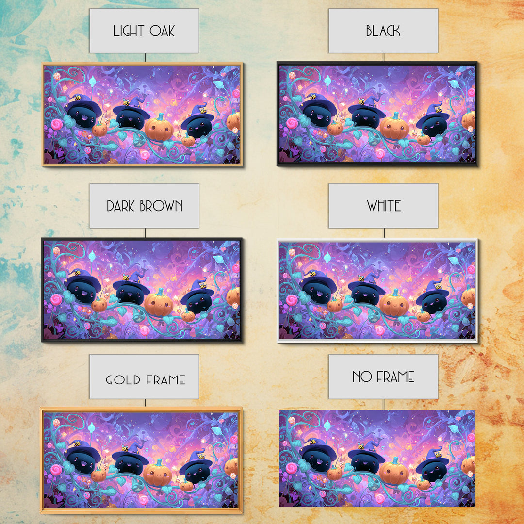 The Pumpkin Flower Garden, Cute Spooky Neon Art, Wide Panoramic Art, Canvas Print, Retro Halloween Decor, Neon Wall Art, Gothic Home Decor