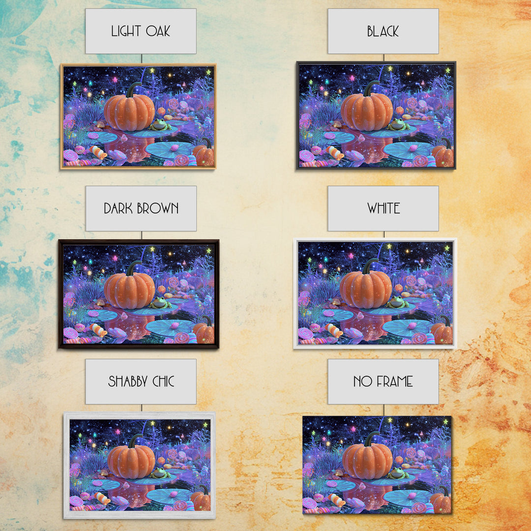 The Star-Filled Pumpkin Pond, Vaporwave Halloween Decor, Landscape Wall Art, Framed Canvas Print, Retro Halloween Decor, Neon Wall Art