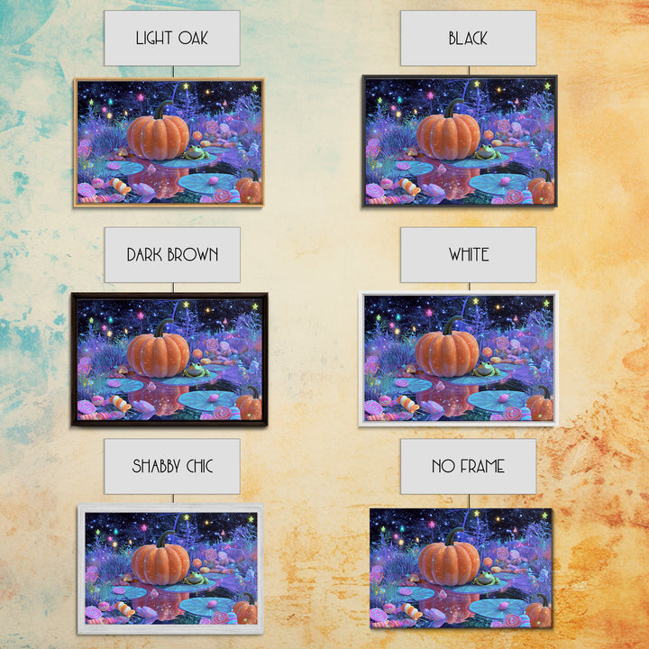 The Star-Filled Pumpkin Pond, Vaporwave Halloween Decor, Landscape Wall Art, Framed Canvas Print, Retro Halloween Decor, Neon Wall Art