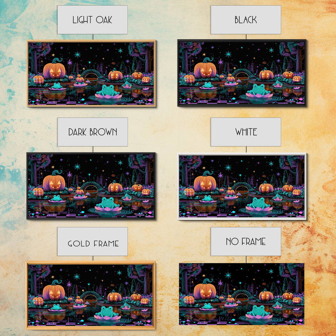 The Star-Filled Pumpkin Pond, Retro Neon Halloween Art, Wide Panoramic Art, Framed Canvas Print, Retro Halloween Decor, Neon Wall Art
