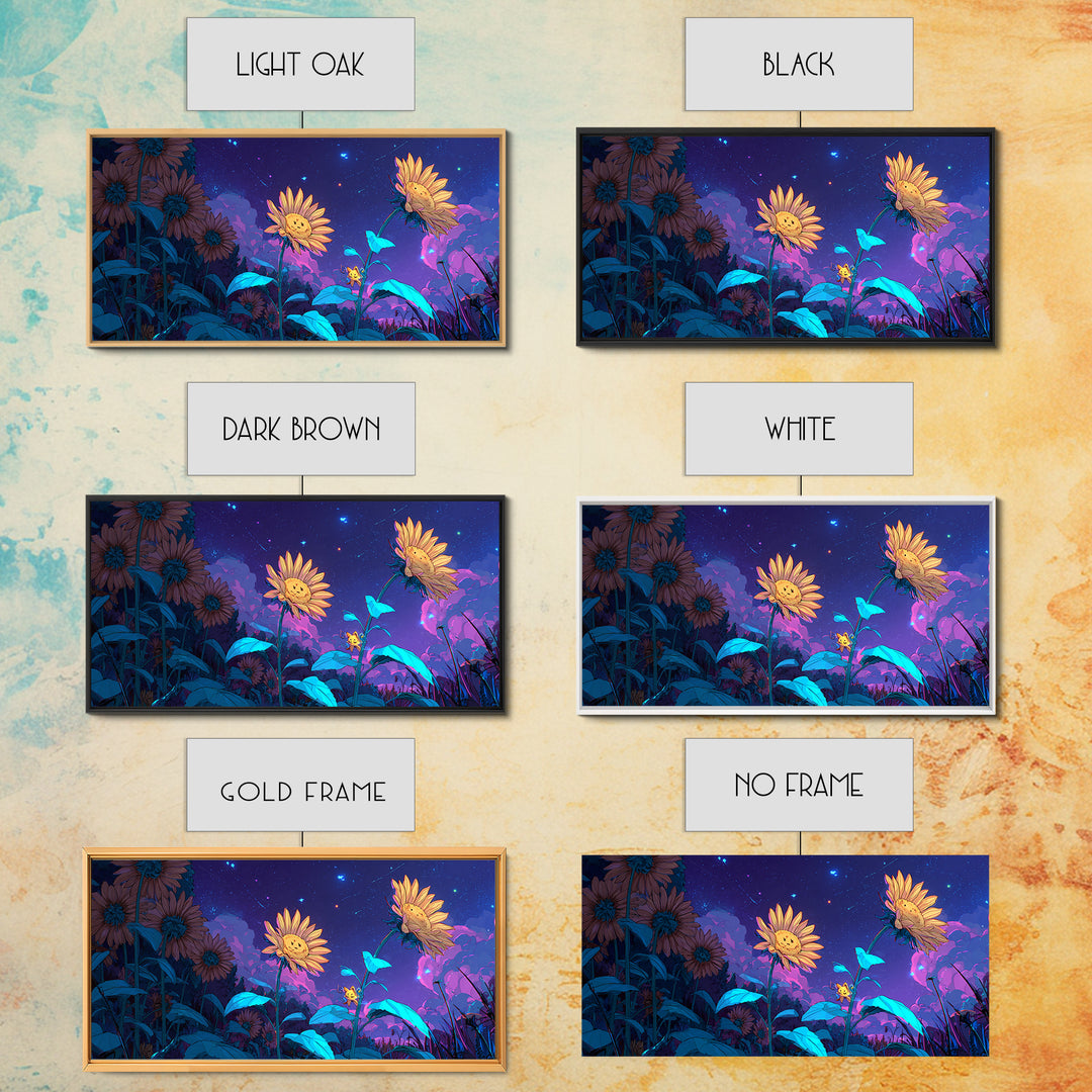 The Singing Sunflowers At Midnight, Synthwave Halloween Art, Wide Panoramic Art, Canvas Print, Retro Halloween Decor, Neon Wall Art