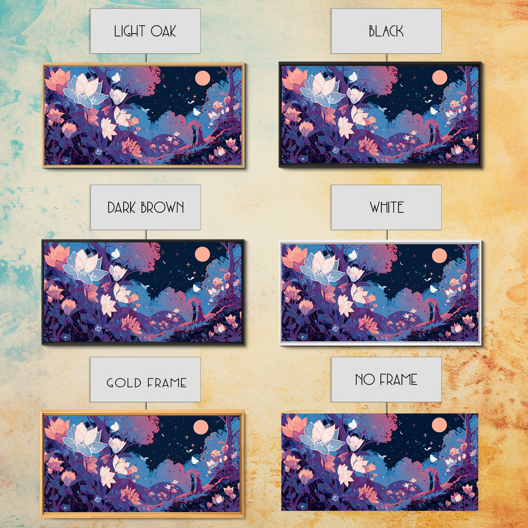 The Moon-Moth Garden, Cute Spooky Neon Art, Wide Panoramic Art, Framed Canvas Print, Retro Halloween Decor, Neon Wall Art, Horror Wall Art