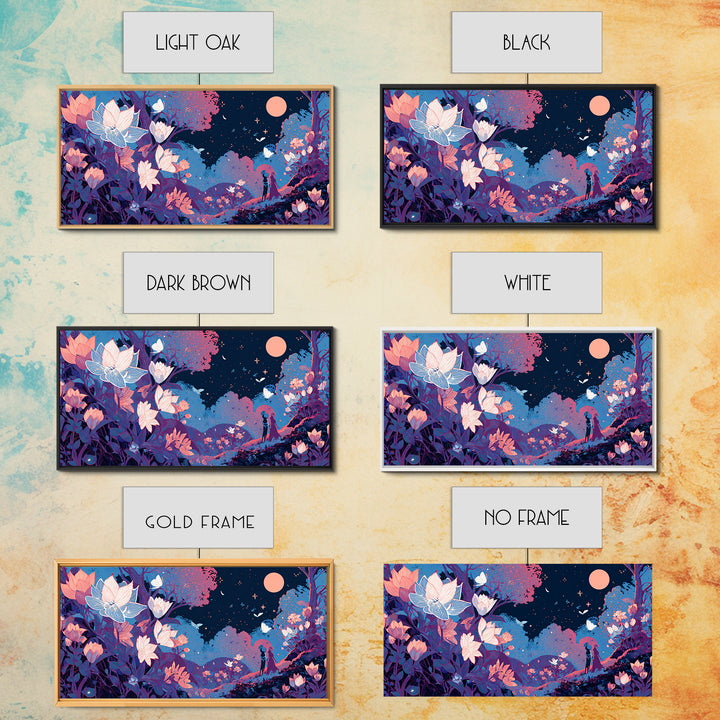 The Moon-Moth Garden, Cute Spooky Neon Art, Wide Panoramic Art, Framed Canvas Print, Retro Halloween Decor, Neon Wall Art, Horror Wall Art