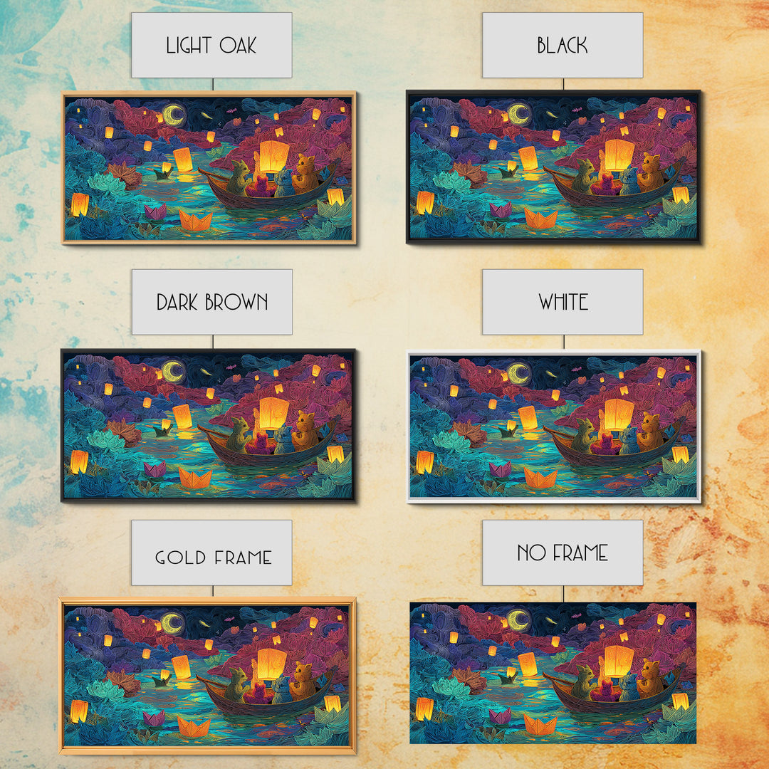 The Golden Leaf River, Cute Spooky Neon Art, Wide Panoramic Art, Framed Canvas Print, Retro Halloween Decor, Neon Wall Art