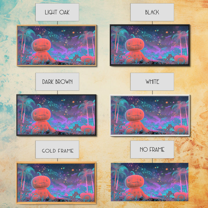 The Singing Pumpkin Patch, Vaporwave Halloween Decor, Wide Panoramic Art, Framed Canvas Print, Retro Halloween Decor, Neon Wall Art