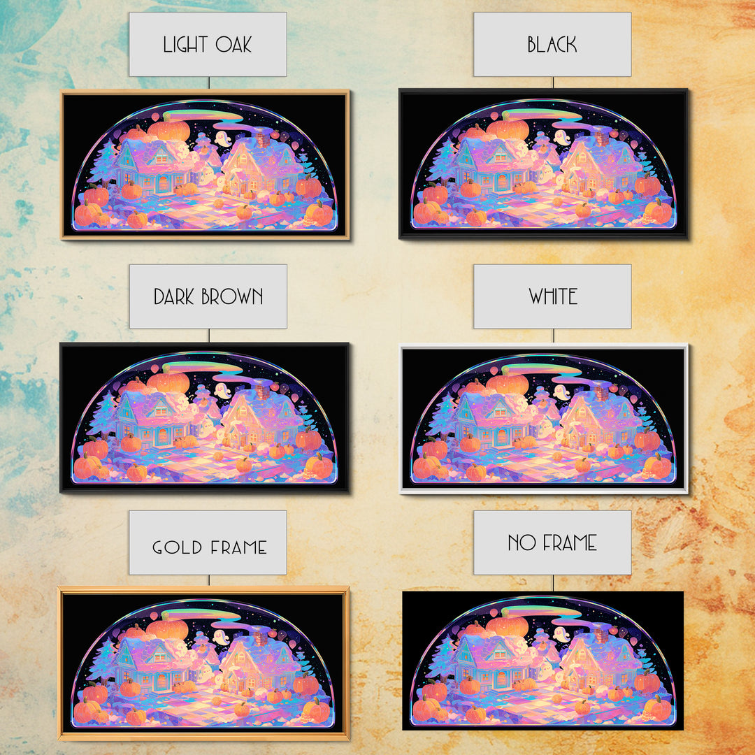 Halloween Inside A Snow Globe, 80s Halloween Wall Art, Wide Panoramic Art, Canvas Print, Retro Halloween Decor, Neon Wall Art