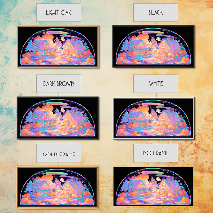 Halloween Inside A Snow Globe, 80s Halloween Wall Art, Wide Panoramic Art, Canvas Print, Retro Halloween Decor, Neon Wall Art
