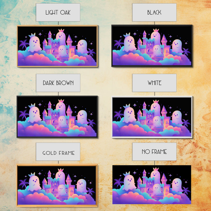 The Halloween Cloud Castle, 80s Halloween Wall Art, Wide Panoramic Art, Framed Canvas Print, Retro Halloween Decor, Neon Wall Art