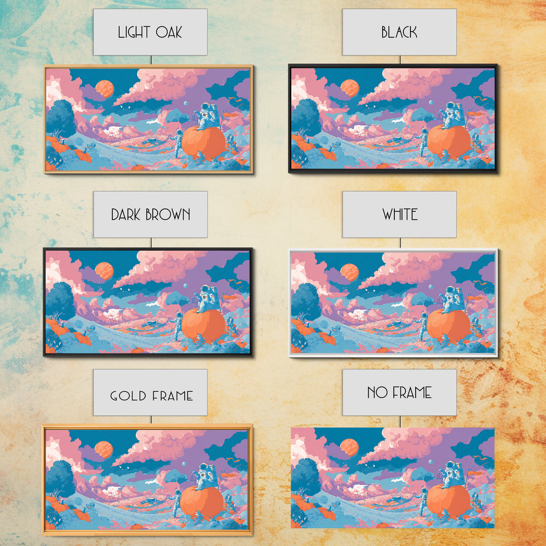 The Pumpkin Moon Expedition, Cute Spooky Neon Art, Wide Panoramic Art, Canvas Print, Retro Halloween Decor, Neon Wall Art, Spooky Wall Decor