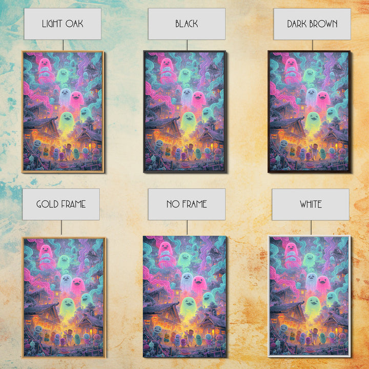 The Ghost Balloon City, Retro Neon Halloween Art, Vertical Wall Art, Framed Canvas Print, Retro Halloween Decor, Neon Wall Art