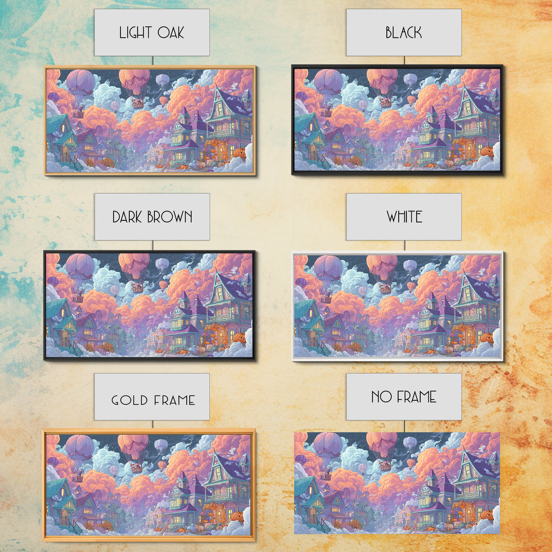 The Ghost Balloon City, Synthwave Halloween Art, Wide Panoramic Art, Framed Canvas Print, Retro Halloween Decor, Neon Wall Art