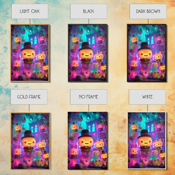 The Halloween Toy Kingdom, Cute Spooky Neon Art, Vertical Wall Art, Framed Canvas Print, Retro Halloween Decor, Neon Wall Art
