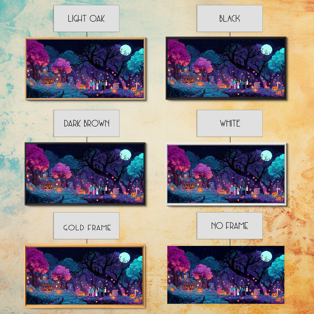 The Enchanted Halloween Library, Cute Spooky Neon Art, Wide Panoramic Art, Canvas Print, Retro Halloween Decor, Neon Wall Art