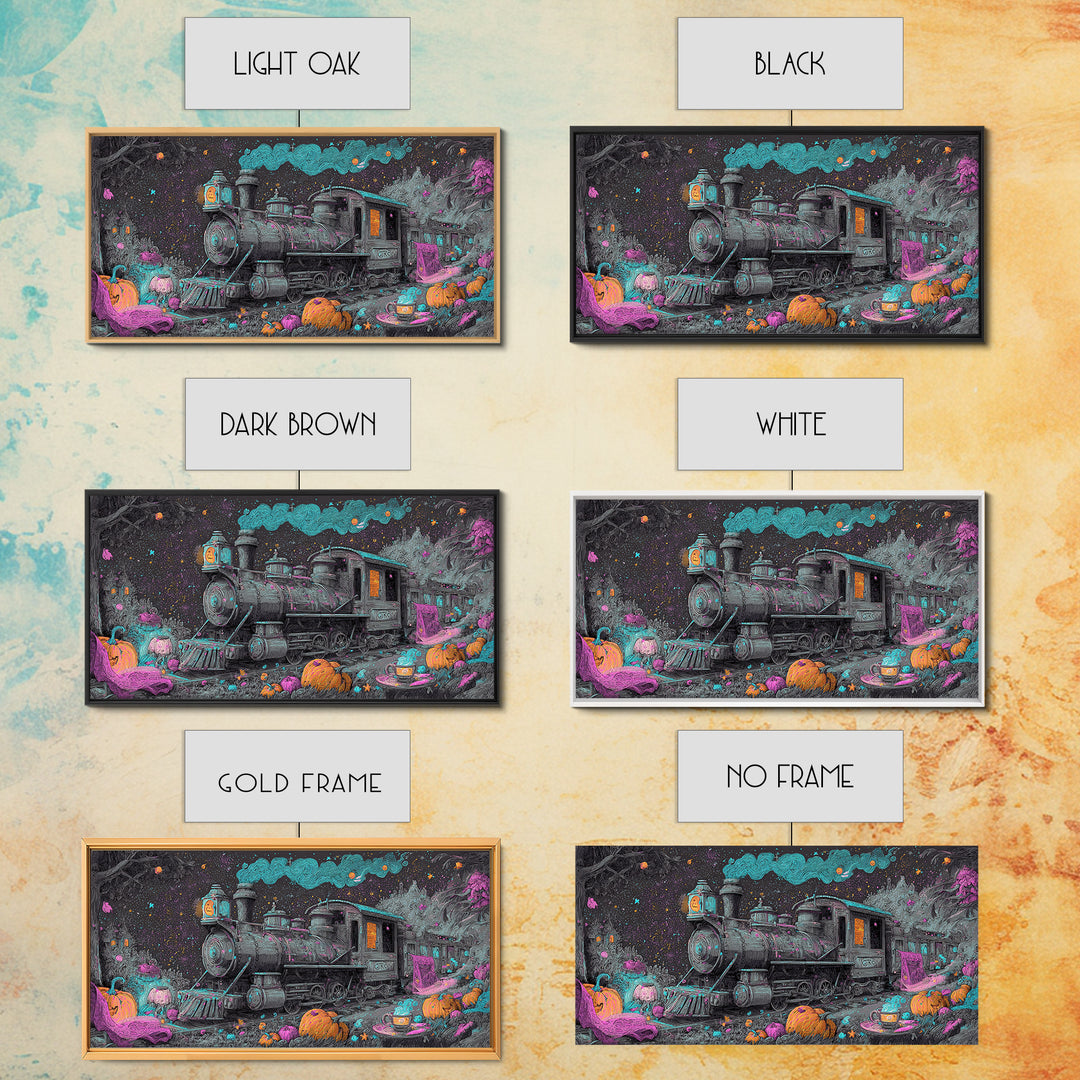 The Trick-Or-Treat Express, Synthwave Halloween Art, Wide Panoramic Art, Canvas Print, Retro Halloween Decor, Neon Wall Art