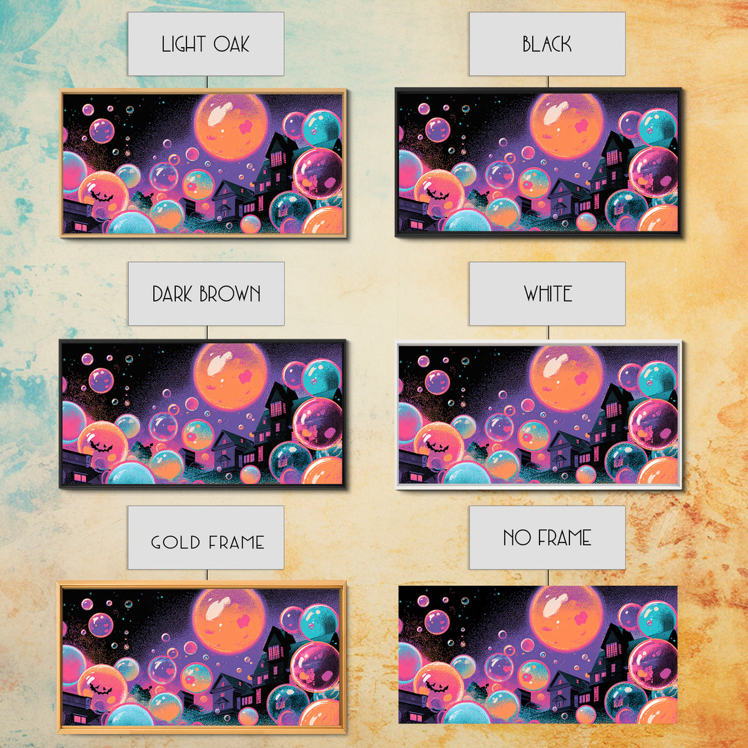 The Halloween Bubble Village, Synthwave Halloween Art, Wide Panoramic Art, Framed Canvas Print, Retro Halloween Decor, Neon Wall Art