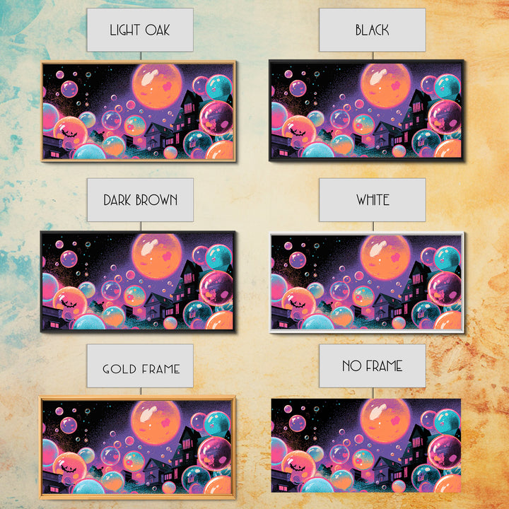 The Halloween Bubble Village, Synthwave Halloween Art, Wide Panoramic Art, Framed Canvas Print, Retro Halloween Decor, Neon Wall Art