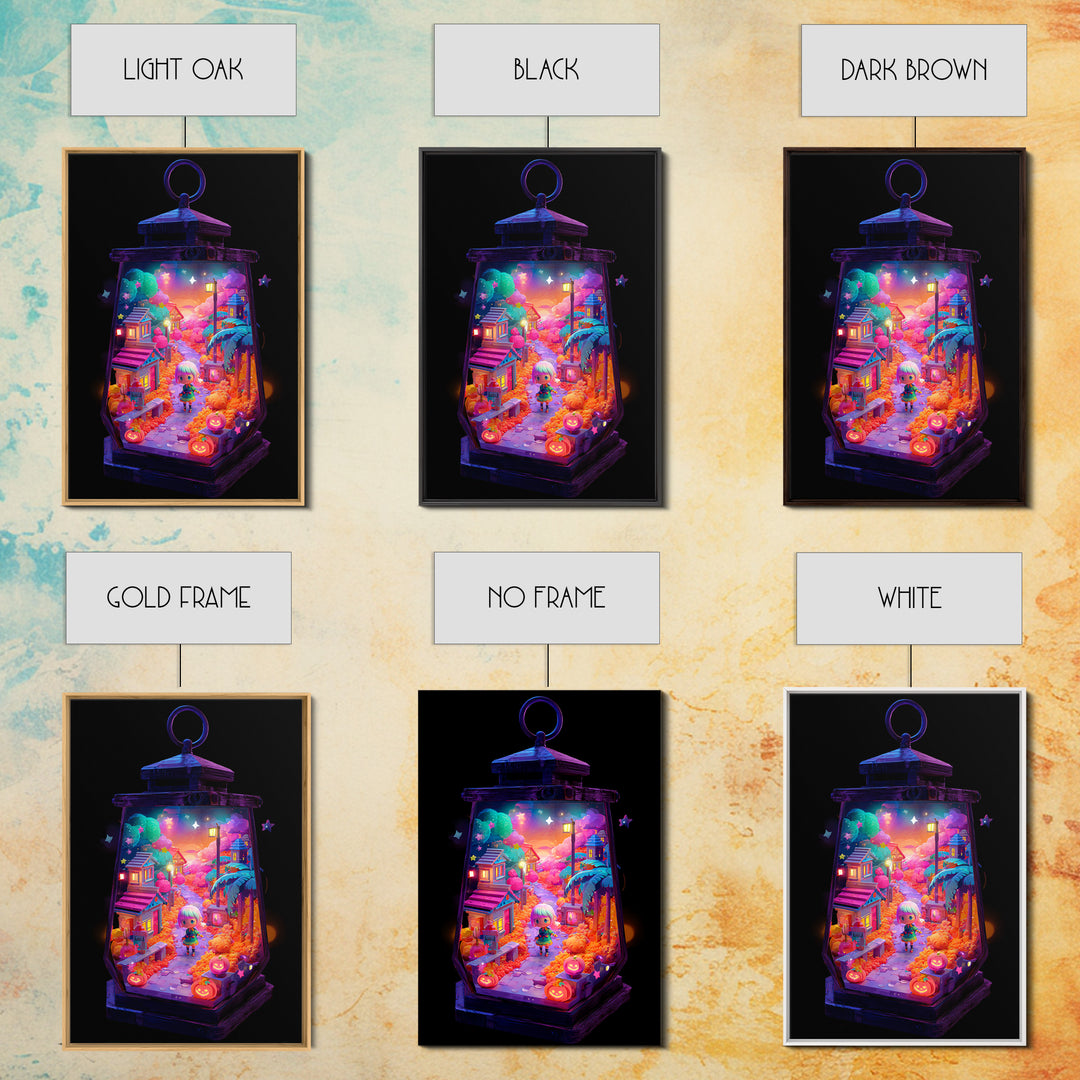 The World Inside A Lantern, Cute Spooky Neon Art, Vertical Wall Art, Canvas Print, Retro Halloween Decor, Neon Wall Art, Macabre Wall Art