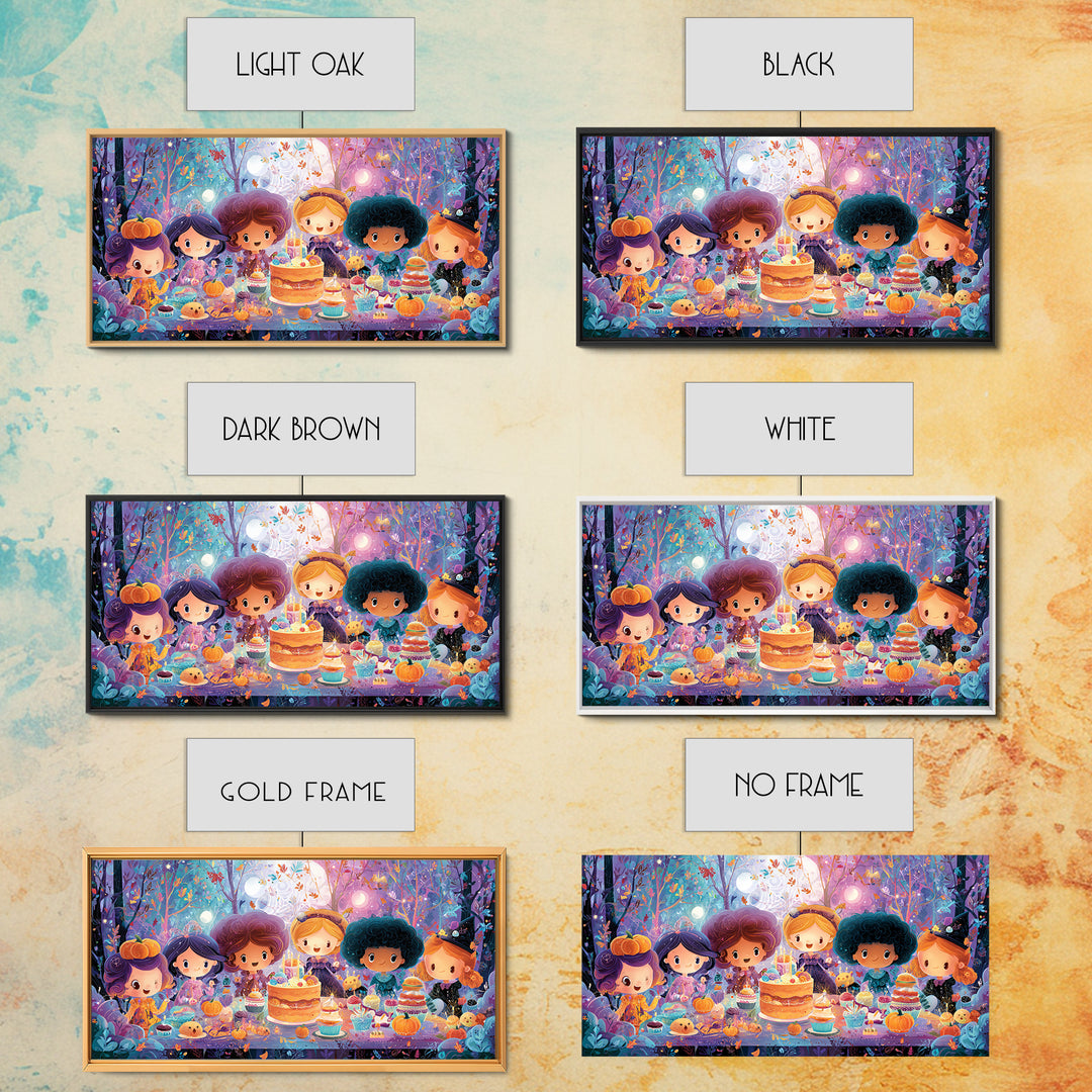 October'S Birthday Party, Vaporwave Halloween Decor, Wide Panoramic Art, Framed Canvas Print, Retro Halloween Decor, Neon Wall Art