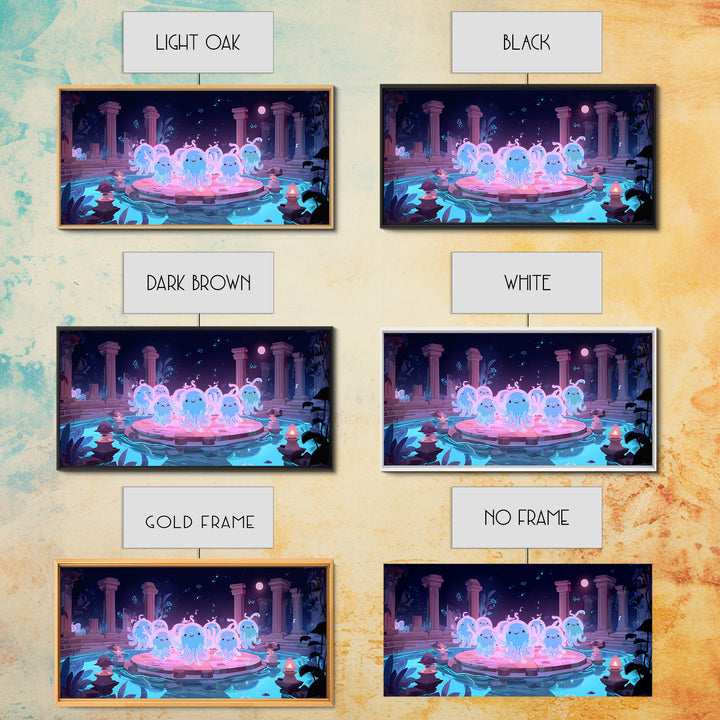 The Choir Of Deepwater Acolytes, Cute Spooky Neon Art, Wide Panoramic Art, Canvas Print, Retro Halloween Decor, Neon Wall Art