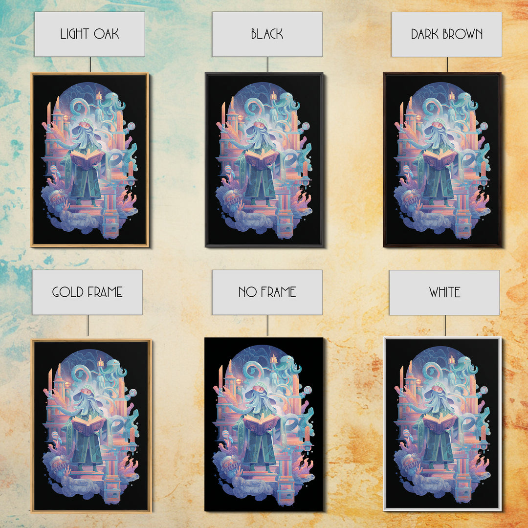 The Librarian Of Forbidden Tides, Retro Neon Halloween Art, Vertical Wall Art, Framed Canvas Print, Retro Halloween Decor, Neon Wall Art