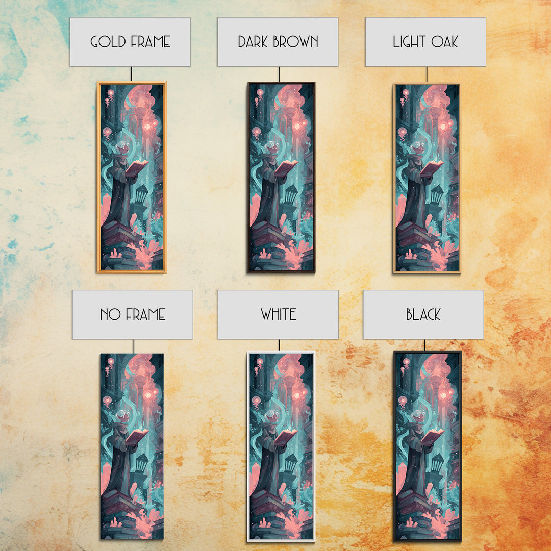 The Librarian Of Forbidden Tides, Cosmic Synthwave Horror, Tall Narrow Wall Art, Canvas Print, Retro Halloween Decor, Neon Wall Art