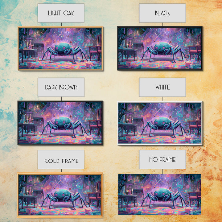 The Crawler Beneath The Floor Of Stars, Retro Neon Halloween Art, Wide Panoramic Art, Framed Canvas Print, Retro Halloween Decor